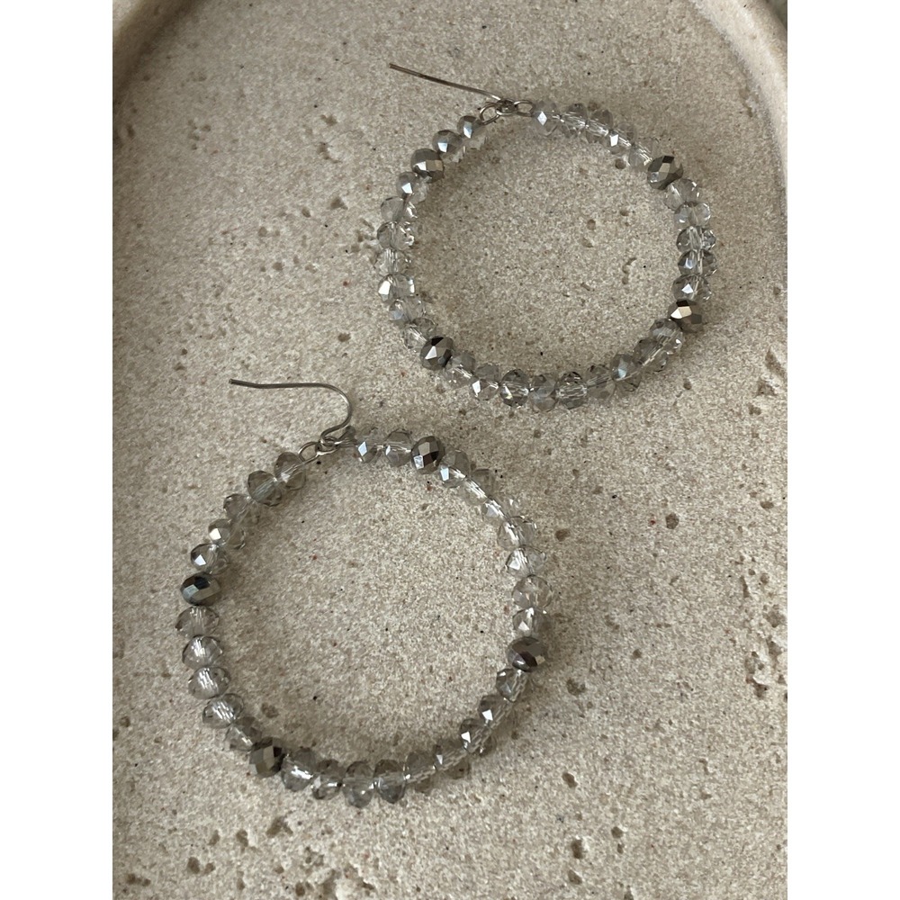 Smoky Gray Faceted Crystal Bead Hoop Earrings Large Wire Hoops Sparkle Bling
